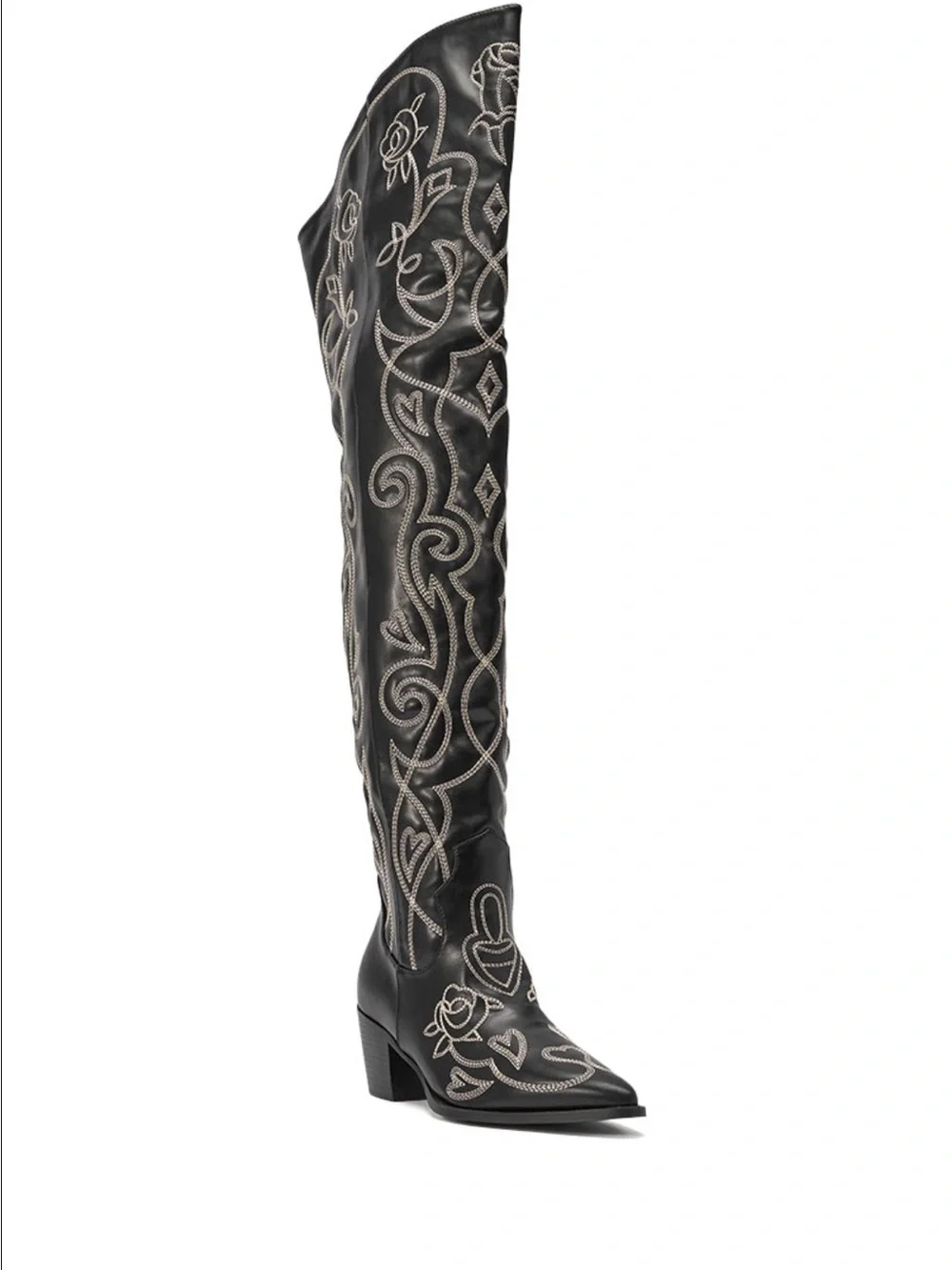 Black Embroidered Over-the-Knee Western Boot